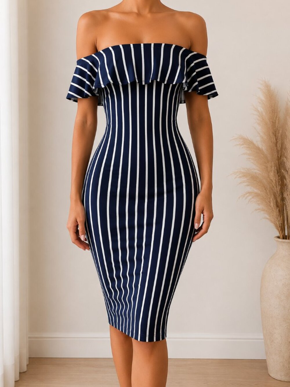 Capella Navy White Striped Off Shoulder Bodycon Midi Dress Size M (fits like S)